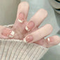 24Pcs Glitter Diamond Press On Nails Blush Pink Cat Eye Fake Nails Sweet Cute Coffin Full Cover Short Square False Nail Tips Art