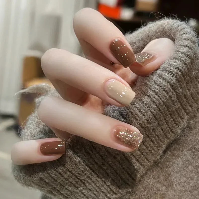 24Pcs Glitter Diamond Press On Nails Blush Pink Cat Eye Fake Nails Sweet Cute Coffin Full Cover Short Square False Nail Tips Art