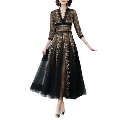 Embroidery Mesh Black Dress Women - GM Traders