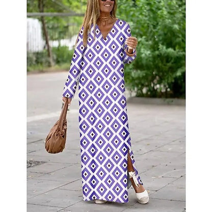 Women’s Summer Long Dress – Geometric Print V-Neck with Slit