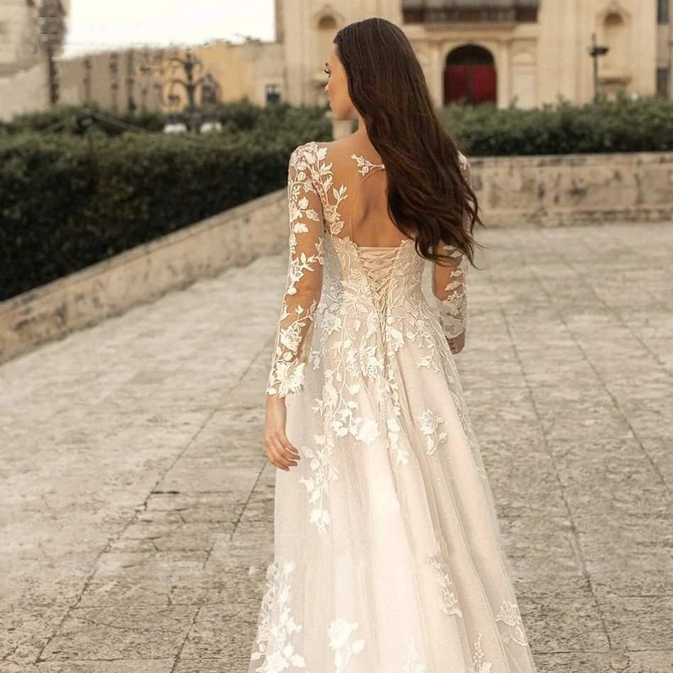 Long Sleeve Mori Style Wedding Dress – Simple Round Neck Bridal Gown