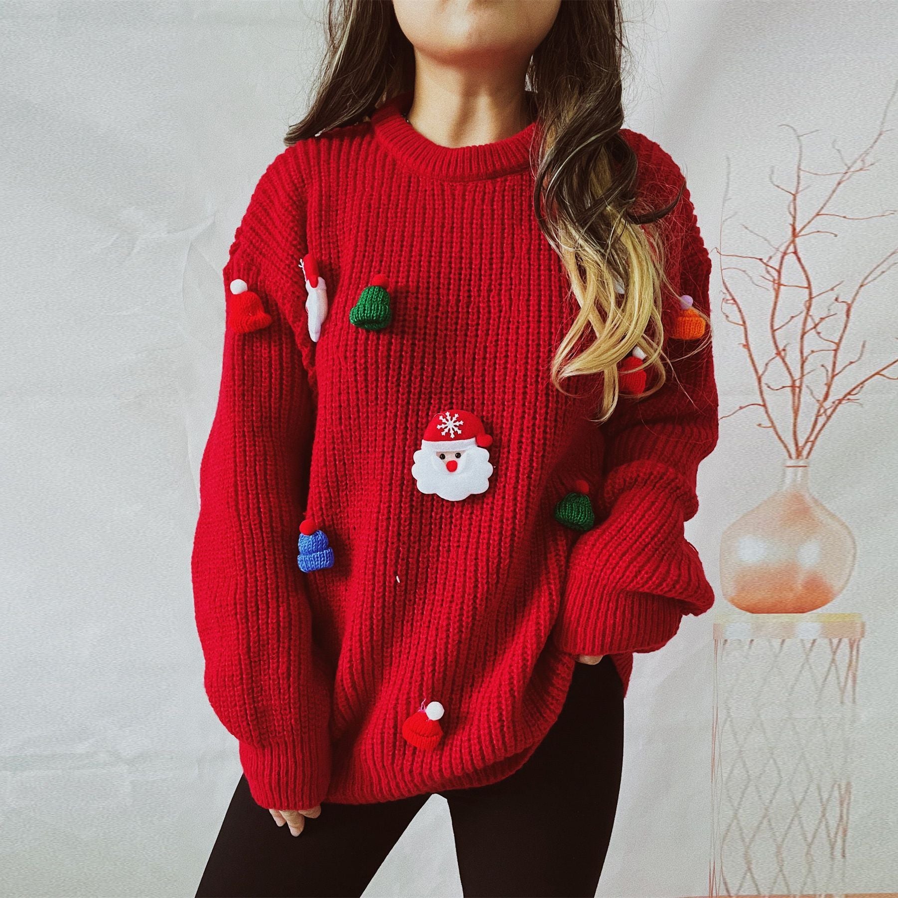 Women’s Cute Santa Claus 3D Decoration Round Neck Long Sleeve Sweater – Christmas Holiday Knitwear