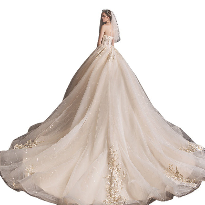 Bride Summer Tube Top Mori Style Dress | Light Champagne Trailing Long Skirt Gown