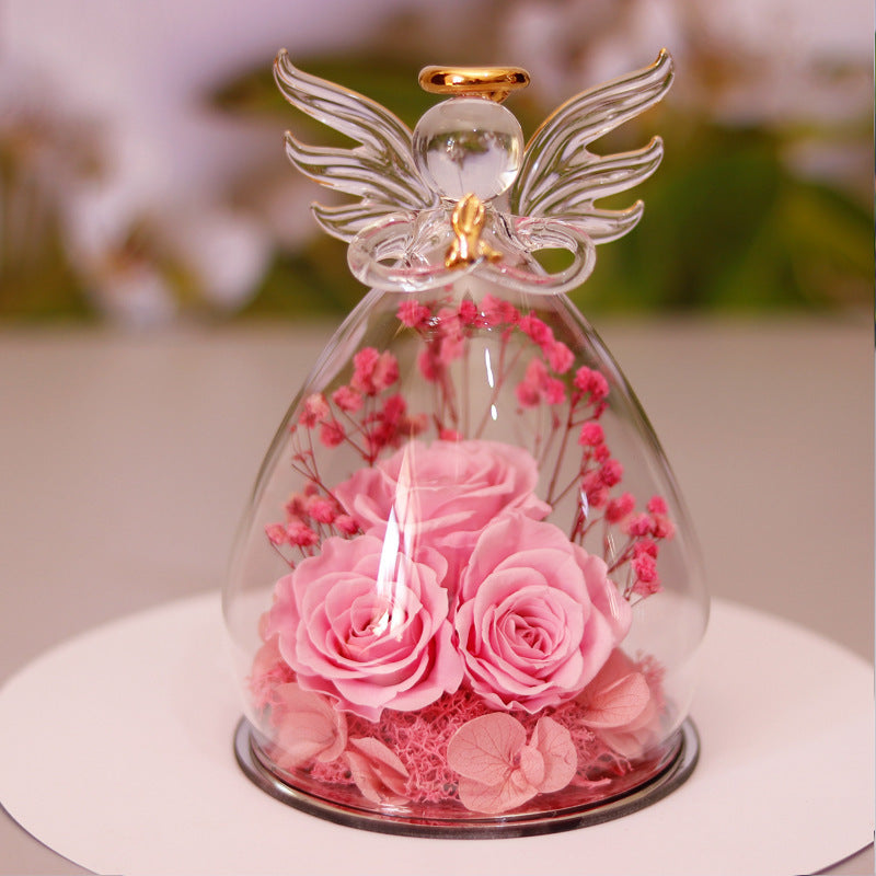 Eternal Flower Angel Glass Cover Dried Rose Gift Box - Christmas, Valentine's & Home Decor - Anniversary Gift