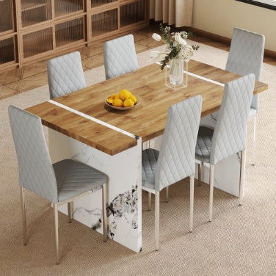 Table And Chair Set.Natural Wood Grain MDF Dining Table  55x31.5 Inch.Paired With 6 Modern Style Dining Chairs In Light Gray, Essential For Minimalist Homes.Blending Into Various Home Environments. - GM Traders