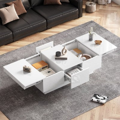 Coffee Table For Living Room, Modern Side Table Wooden Centre Table, White High Gloss Coffee Tea Tables With 2 Drawers And 2 Big Storage Space For Home Office Furniture
