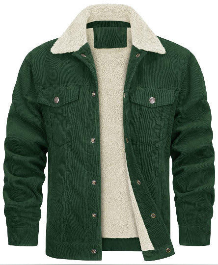 Men’s Corduroy Lapel Plush Jacket – Long Sleeve Warm Coat for Autumn & Winter