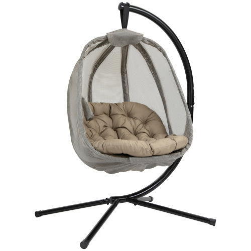 Outsunny Hanging Egg Chair, Folding Texteline Swing Hammock With Side Pocket, Cushion And Stand For Indoor Outdoor, Patio Garden Furniture, Khaki - GM Traders