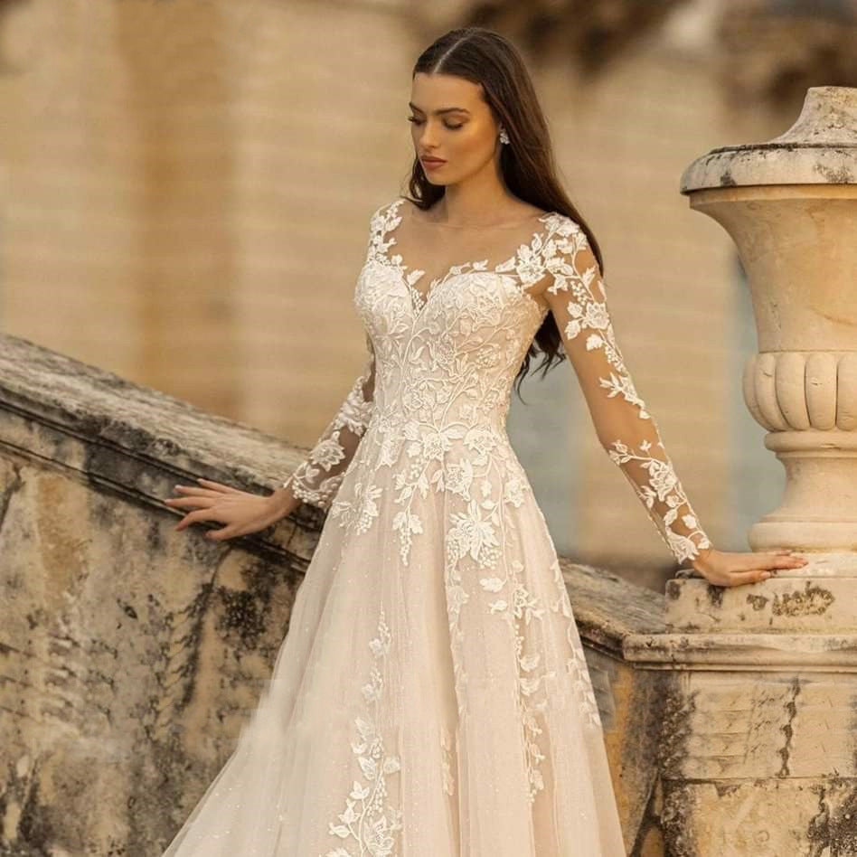 Long Sleeve Mori Style Wedding Dress – Simple Round Neck Bridal Gown