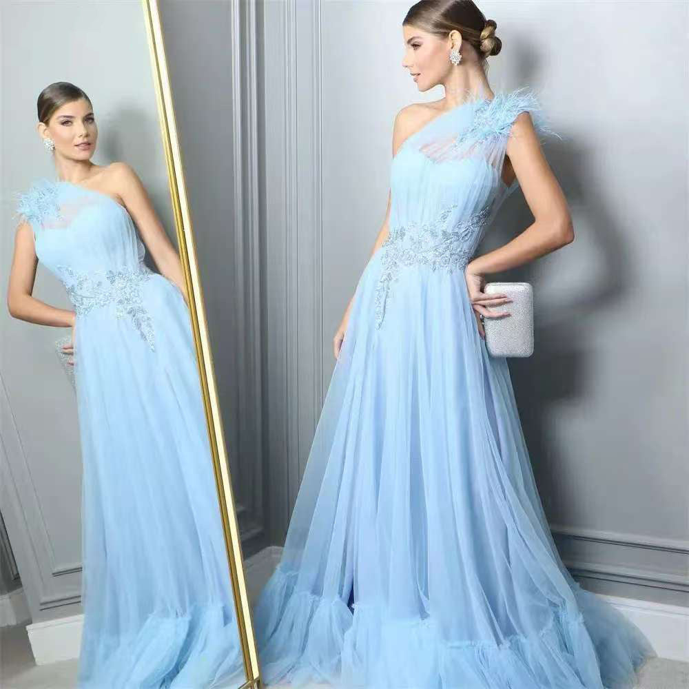 Blue One-Shoulder Feather Wedding Dress | Long Sleeve-less Elegant Bridal Gown