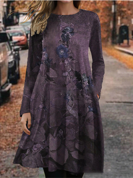 European And American Summer 3D Printing Dress Floral Round Neck Long Sleeve