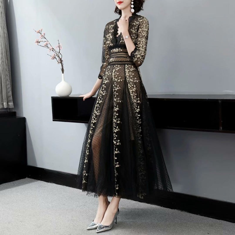 Embroidery Mesh Black Dress Women - GM Traders