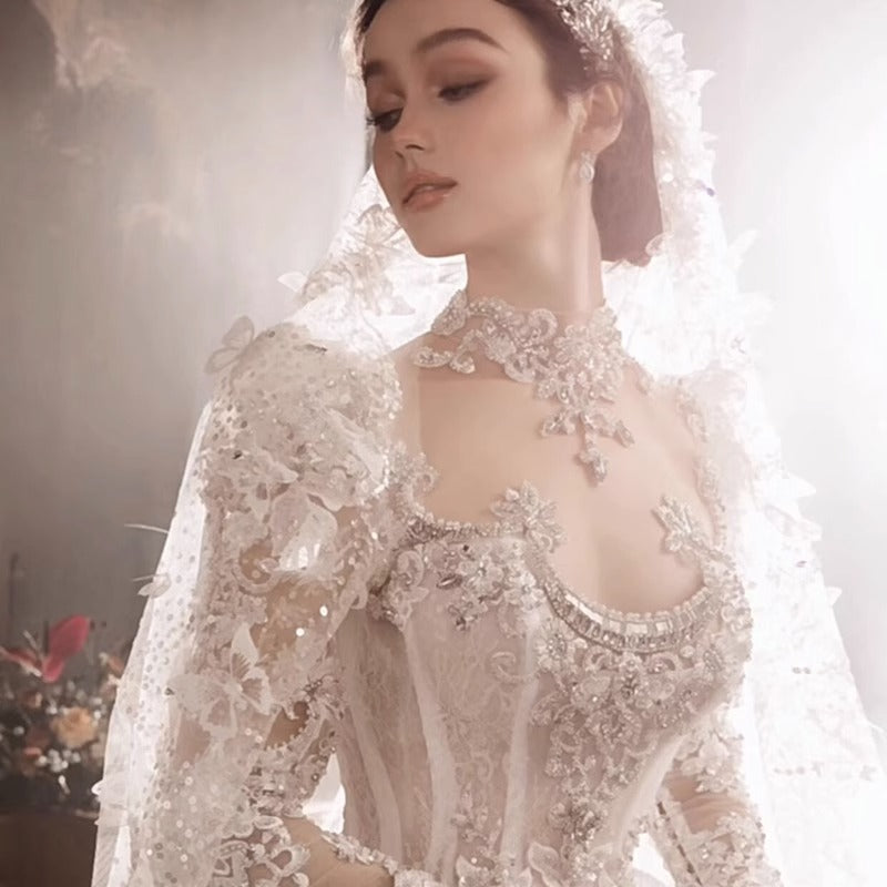 European-Style Royal Court Princess Lace Dress | Heavy Industry Floor-Length Sequined Gown