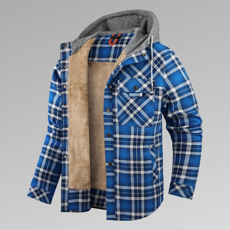Men’s Thickened Velvet Plaid Shirt Coat – Long Sleeve Hooded Casual Winter Jacket