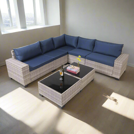 7-Piece Outdoor Patio Set – Wicker Rattan Sofa with Glass Tables & Cushions🛋️✨