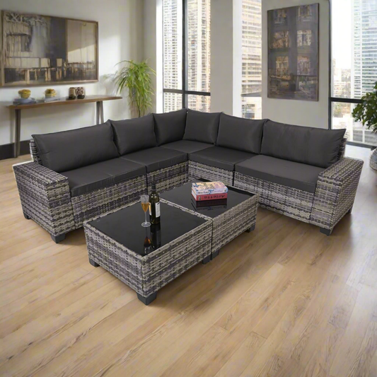 7-Piece Outdoor Patio Set – Wicker Rattan Sofa with Glass Tables & Cushions🛋️✨