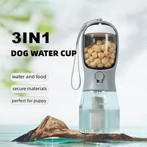 3-in-1 Portable Dog Water Bottle with Food Container & Waste Bag Holder | Leakproof Pet Travel Cup | Outdoor Puppy Drinking Bottle