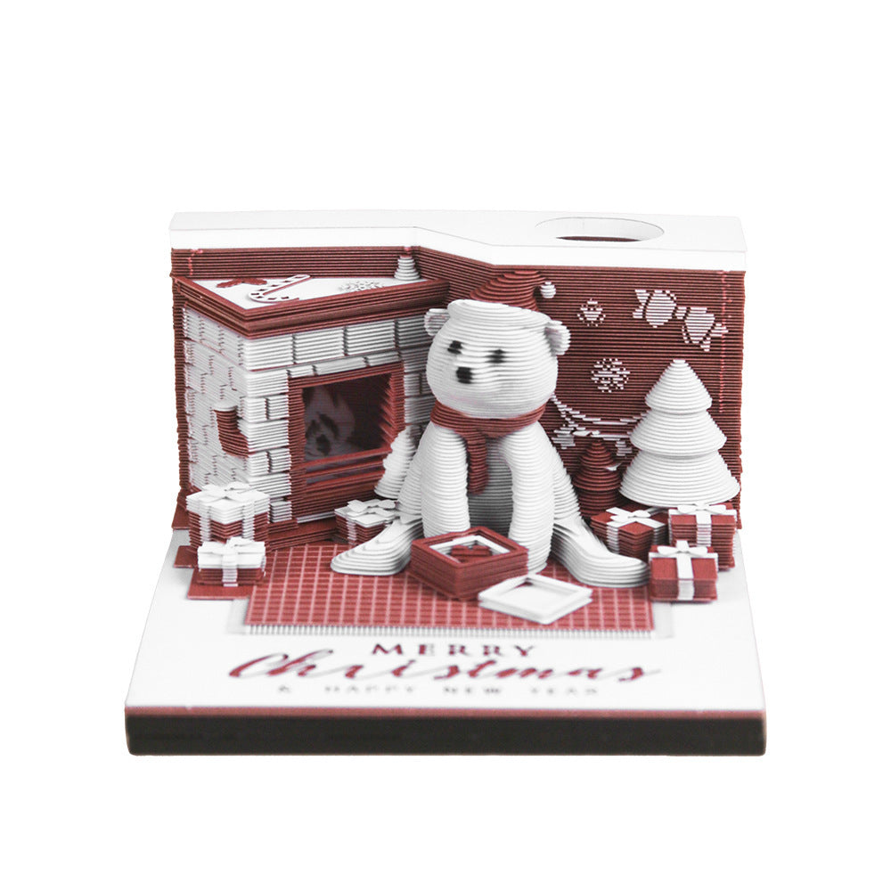 Christmas Gift 3D Three-Dimensional Paper Carving Note – Laser Engraved White Bear Design | Festive Desk Decoration & Creative Gift