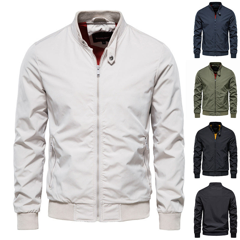 Men’s Casual Solid Zip-Up Jacket – Stand Collar Long Sleeve Outerwear with Pockets