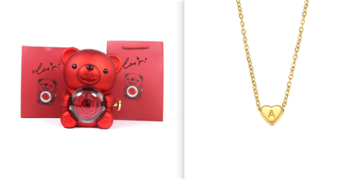 Eternal Rose Teddy Bear Gift Box with Necklace & Rotate Jewelry Case - Valentine's & Wedding Gift for Her