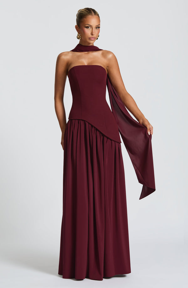 Maliyah Cherry Lacquer Maxi Dress – Elegant Fitted Bodice & Chiffon Skirt (S–XL)