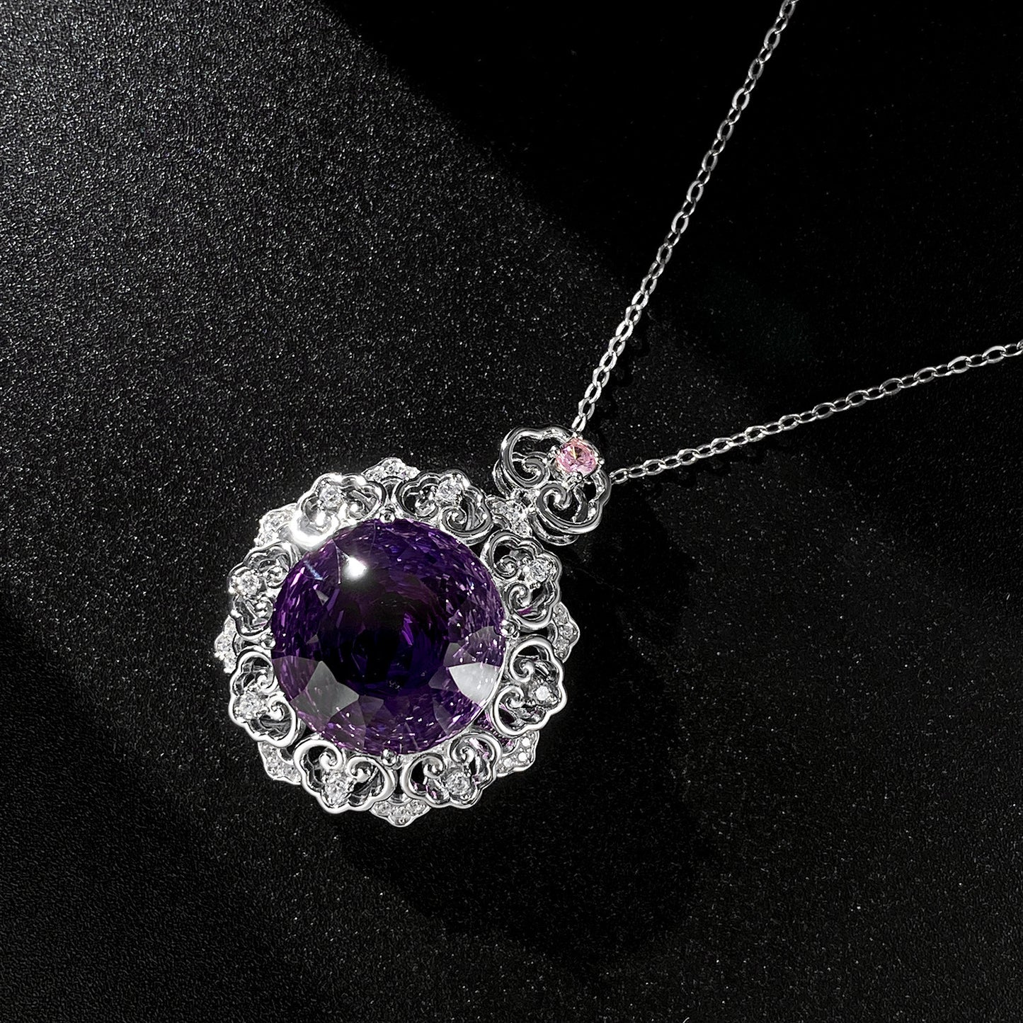 Luxurious S925 Silver Set Natural Amethyst Pendant Female Vintage Pattern Senior Jewelry Quality Sweater Chain - GM Traders