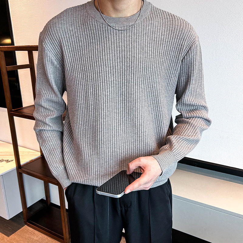 Men’s Thick Ribbed Round Neck Sweater – Autumn & Winter Warm Knitted Casual Pullover