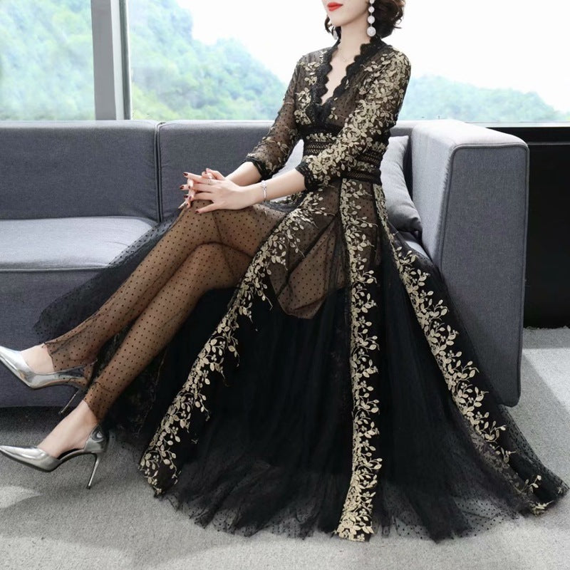 Embroidery Mesh Black Dress Women - GM Traders