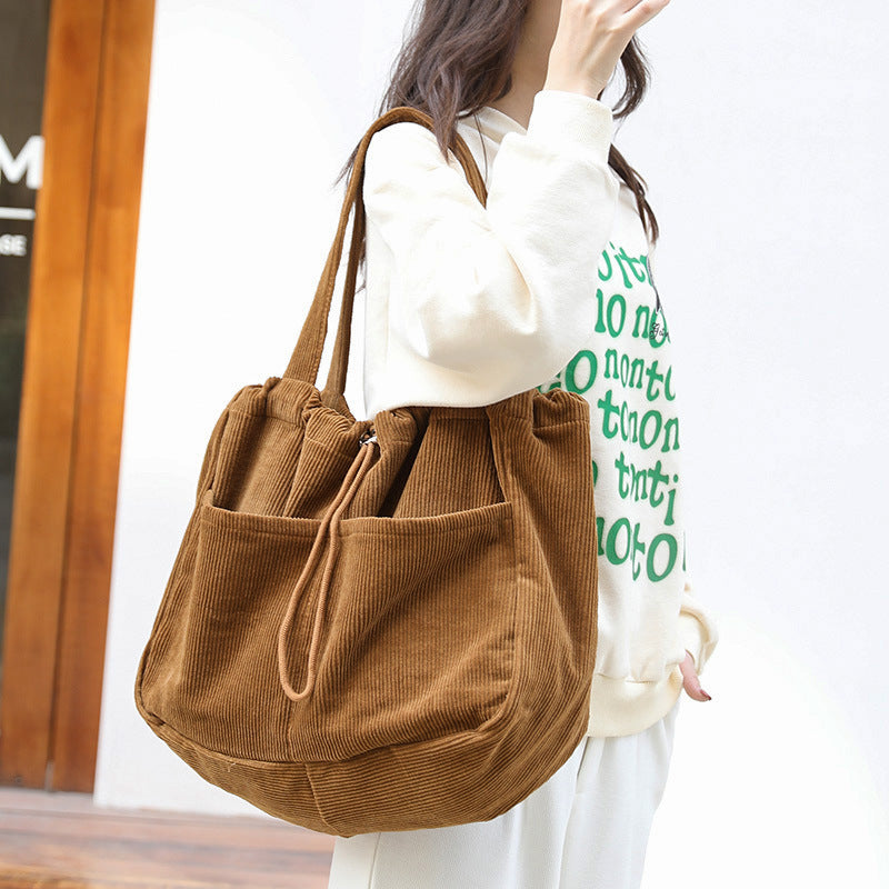 Ins Corduroy Shoulder Bags Drawstring Multi-pocket Handbag Women Underarm Bags - GM Traders