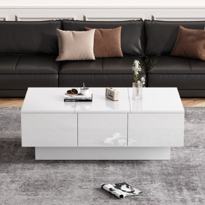 Coffee Table For Living Room, Modern Side Table Wooden Centre Table, White High Gloss Coffee Tea Tables With 2 Drawers And 2 Big Storage Space For Home Office Furniture