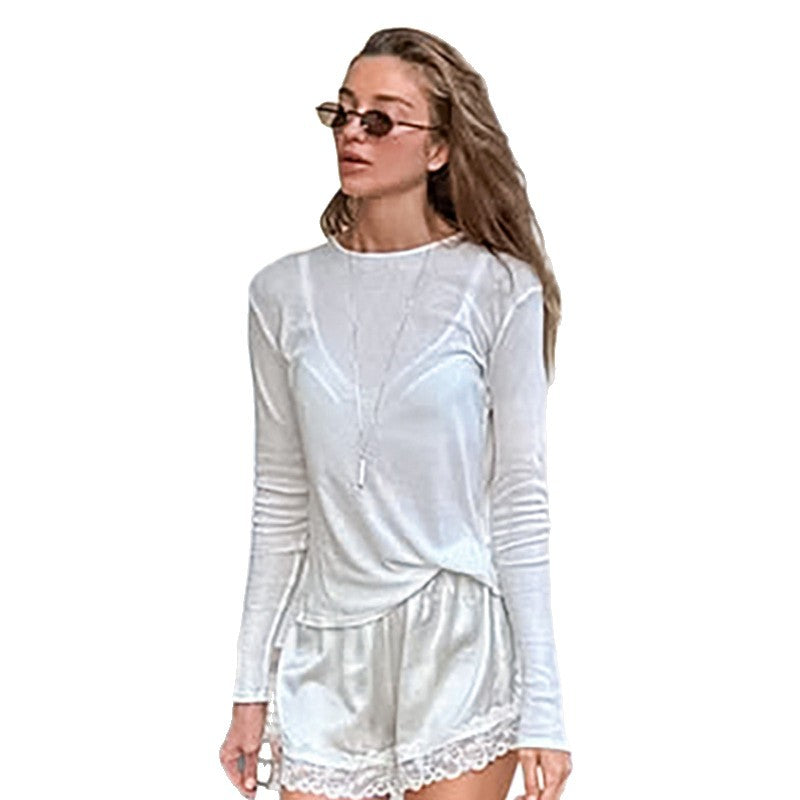 Round Neck Sheer Bamboo Silk Top for Women – French Spring & Autumn Style