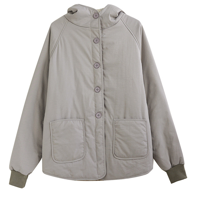 Retro Workwear Short Hooded Cotton Jacket – Light Gray Elegant Commuting (M–2XL)