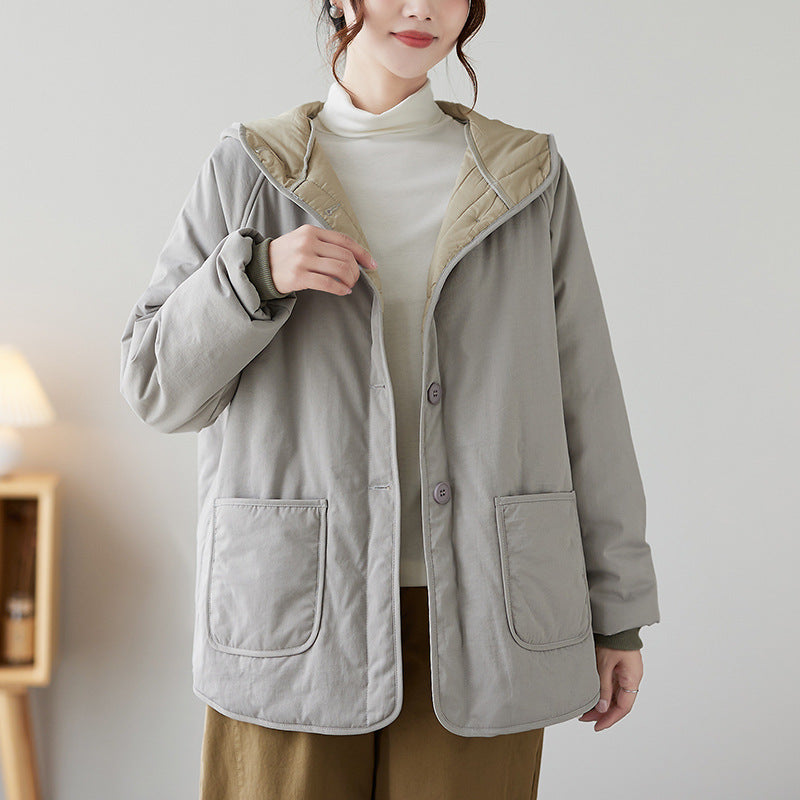 Retro Workwear Short Hooded Cotton Jacket – Light Gray Elegant Commuting (M–2XL)