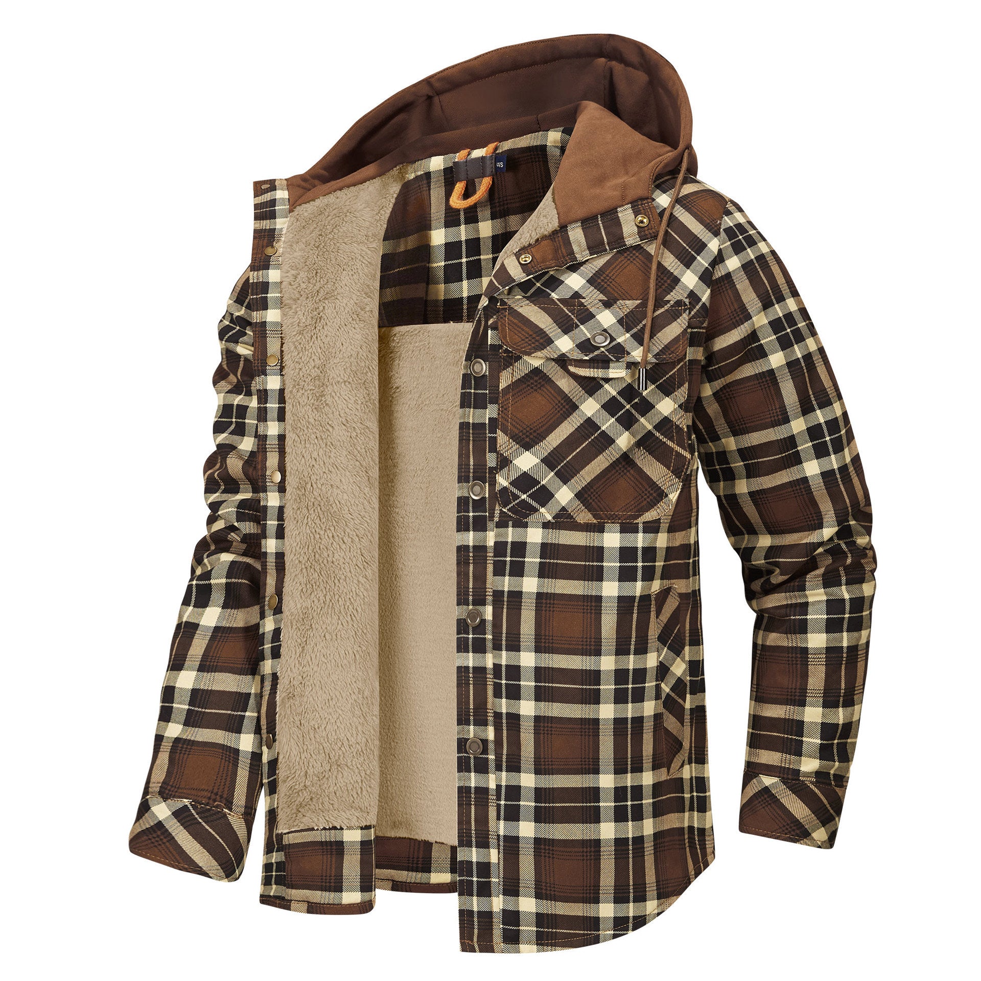 Men’s Thickened Velvet Plaid Shirt Coat – Long Sleeve Hooded Casual Winter Jacket