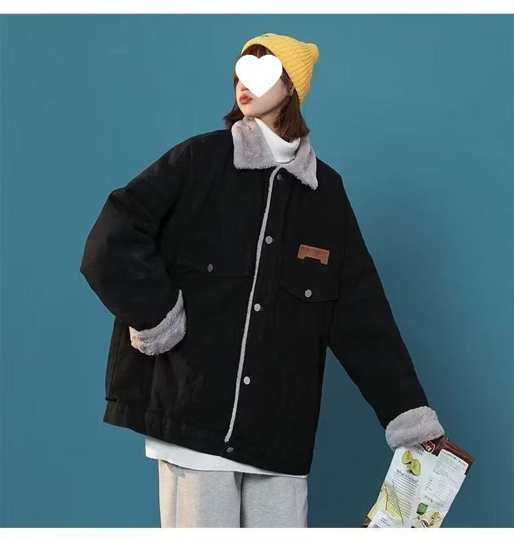 Hong Kong Style Denim Cotton Jacket with Lamb Fur – Literary Retro Women (M–4XL)