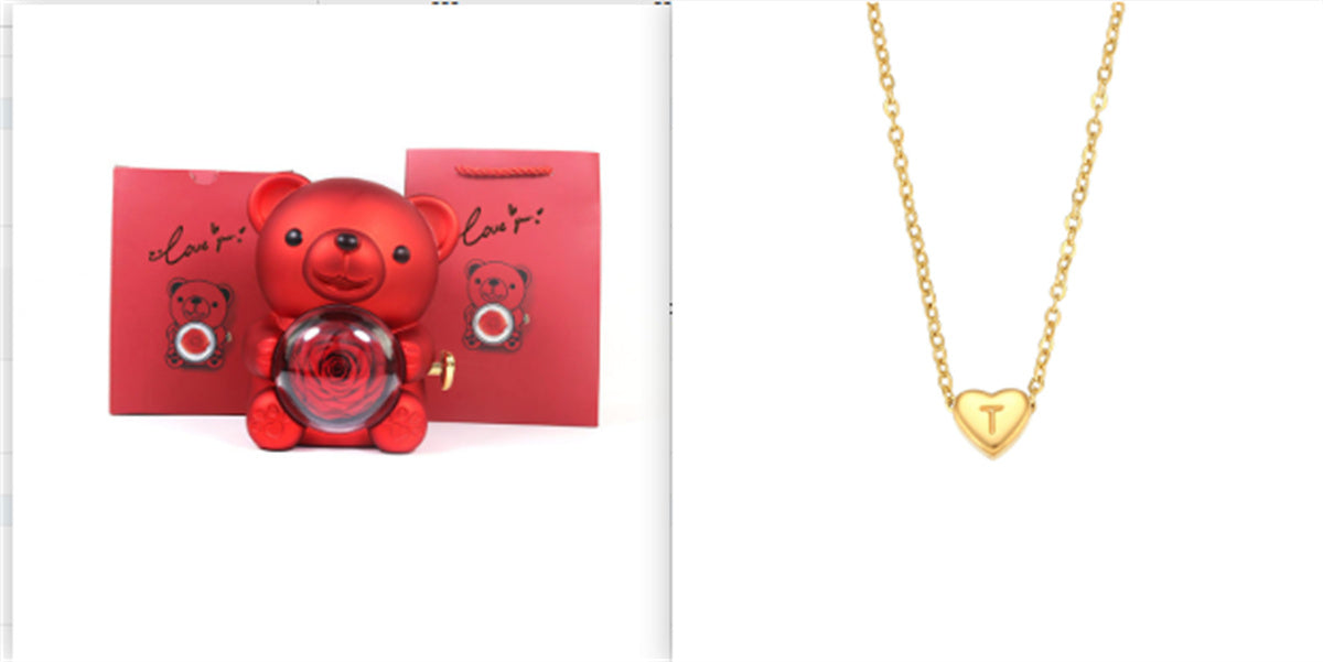 Eternal Rose Teddy Bear Gift Box with Necklace & Rotate Jewelry Case - Valentine's & Wedding Gift for Her