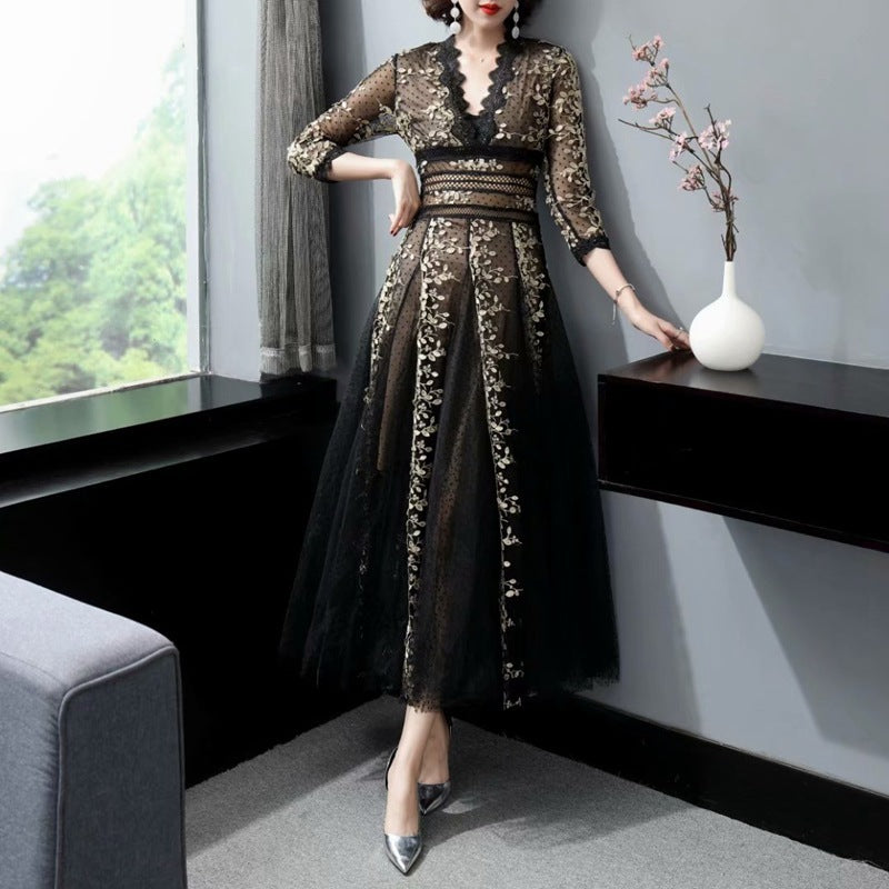 Embroidery Mesh Black Dress Women - GM Traders