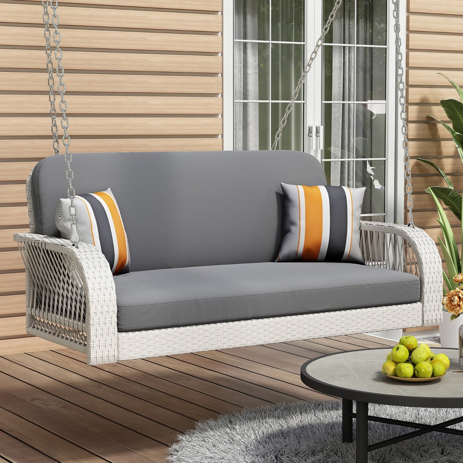GO PE Wicker Porch Swing, 2-Seater Hanging Bench With Chains, Patio Furniture Swing For - GM Traders