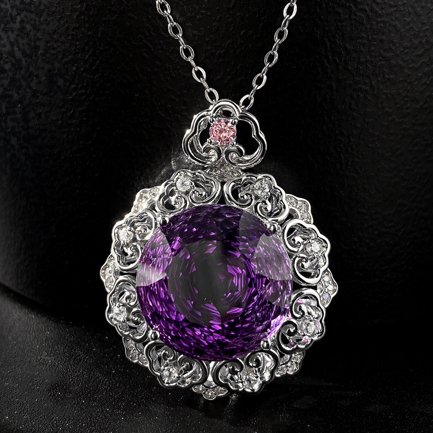 Luxurious S925 Silver Set Natural Amethyst Pendant Female Vintage Pattern Senior Jewelry Quality Sweater Chain - GM Traders