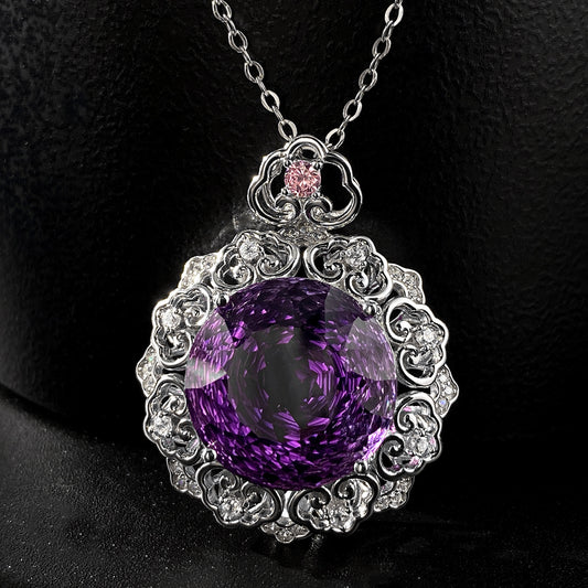 Luxurious S925 Silver Set Natural Amethyst Pendant Female Vintage Pattern Senior Jewelry Quality Sweater Chain - GM Traders