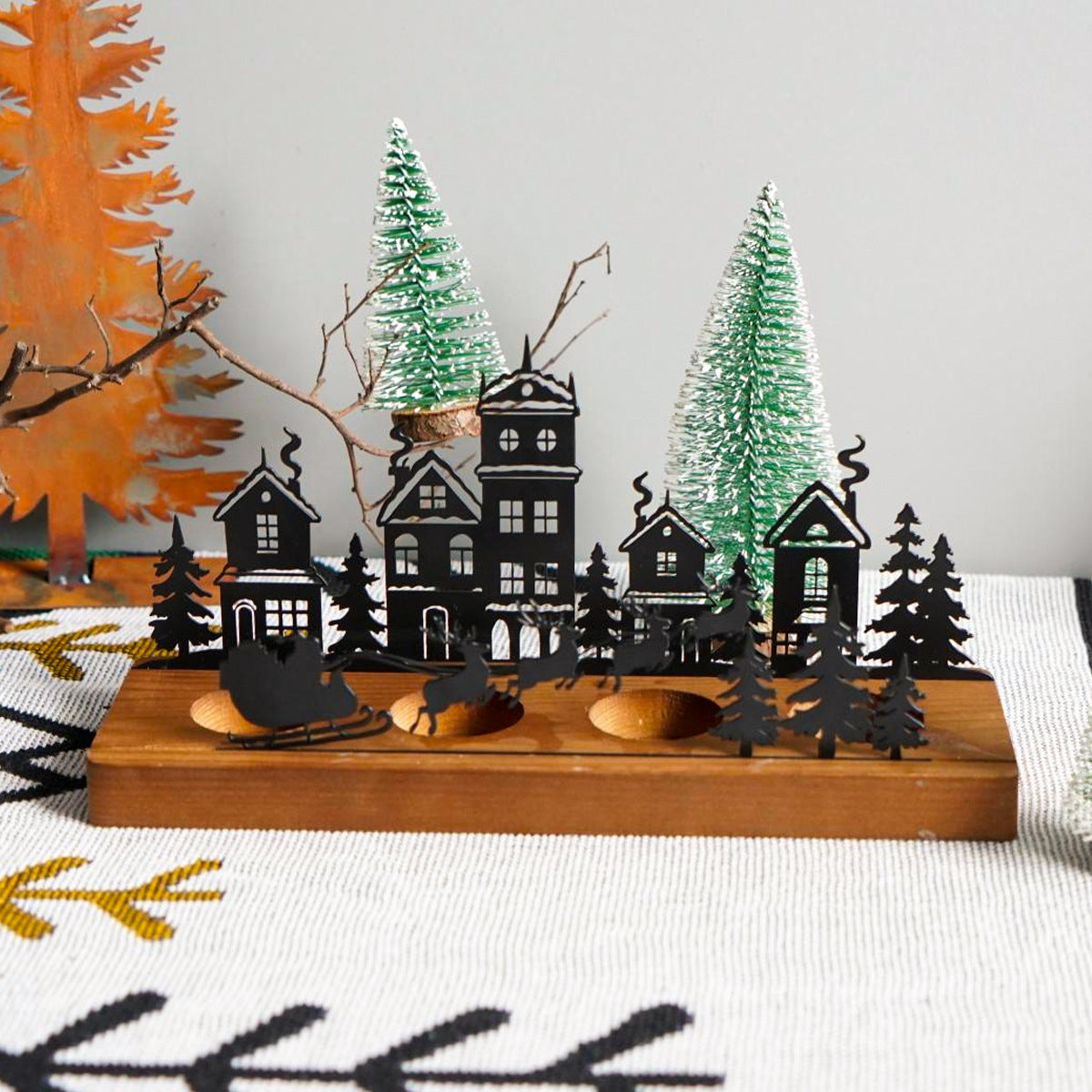 Wrought Iron Christmas Tree Candle Stick with Wooden Base – Elegant Half-Handmade Candle Holder for Holiday Home Décor