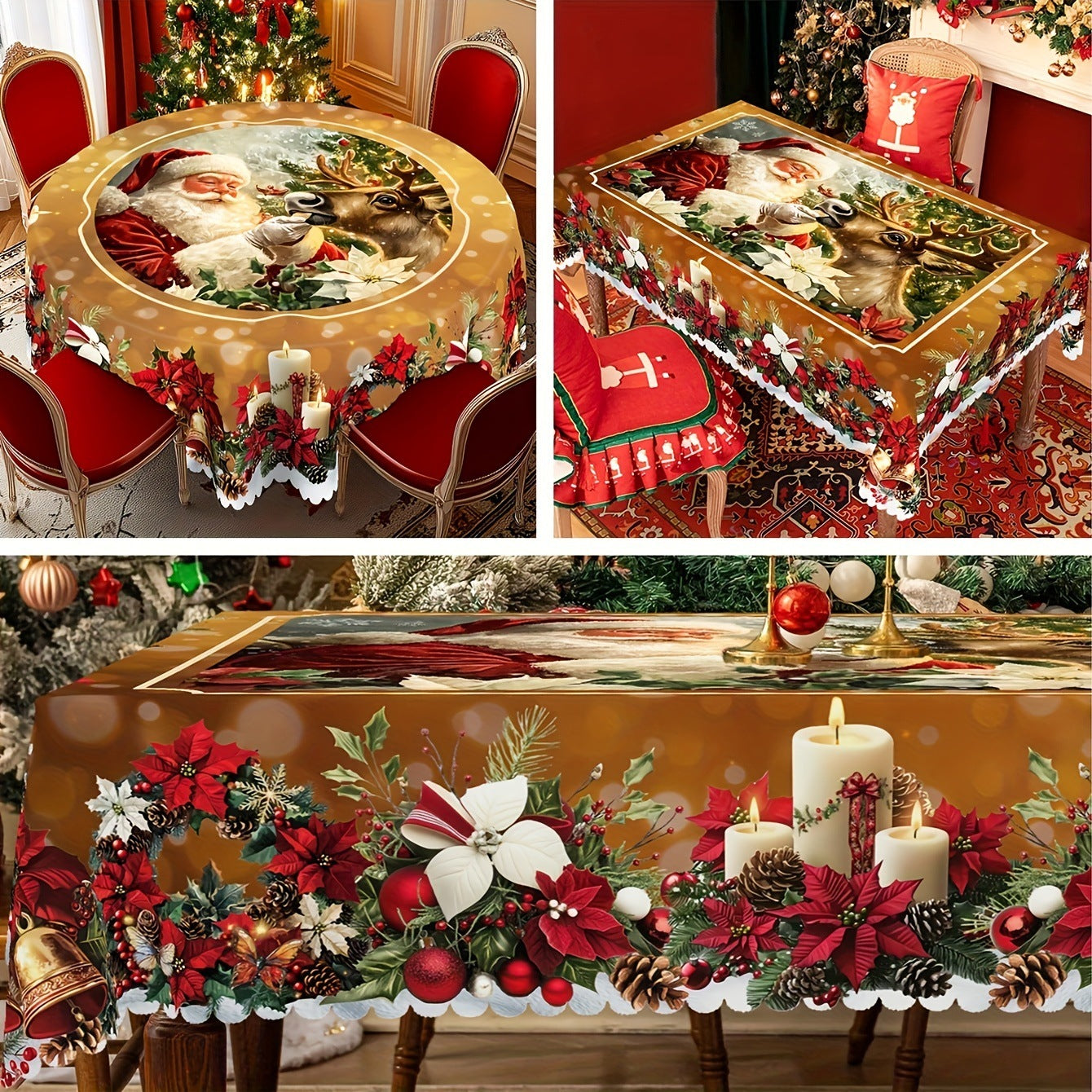 Christmas Round Tablecloth with Santa Claus – Holiday Table Flag for Festive Dining & Home Decoration