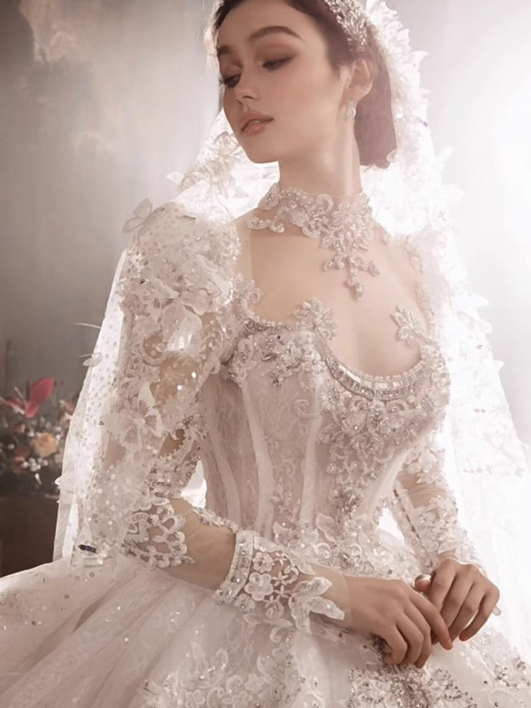 European-Style Royal Court Princess Lace Dress | Heavy Industry Floor-Length Sequined Gown