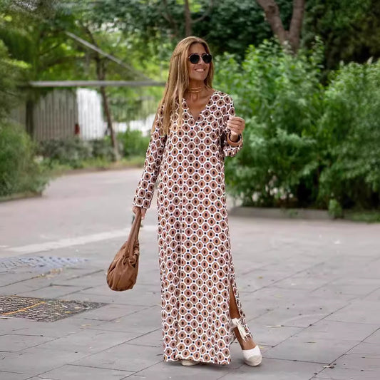 Women’s Summer Long Dress – Geometric Print V-Neck with Slit