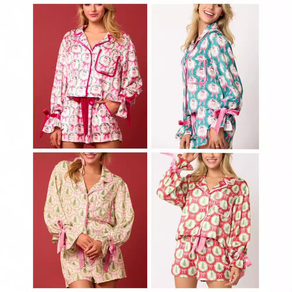 Women’s 2-Piece Christmas Pajama Set – Santa & Tree Print Lapel Button-Up Long Sleeve Top with Matching Shorts