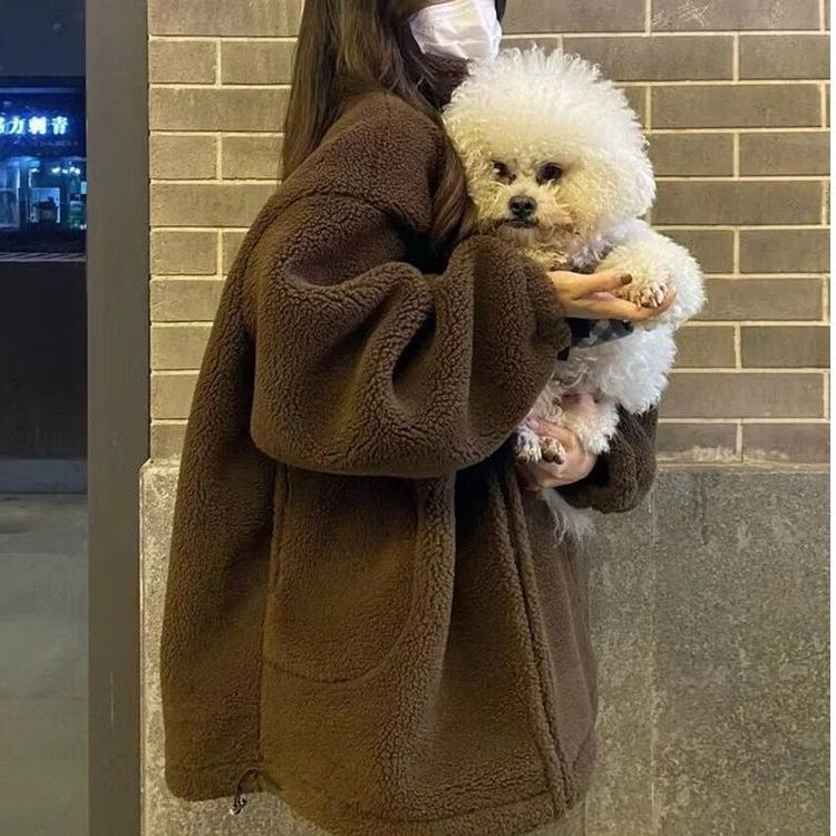 Thickened Particle Lamb Fleece Coat for Women – Beige & Brown Regular Fit (S–2XL) | Winter