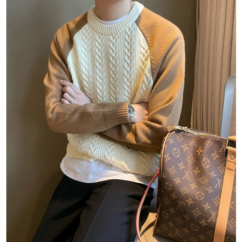 Men’s Thickened Round Neck Cable Knit Sweater – Color-Blocked Casual Winter Pullover