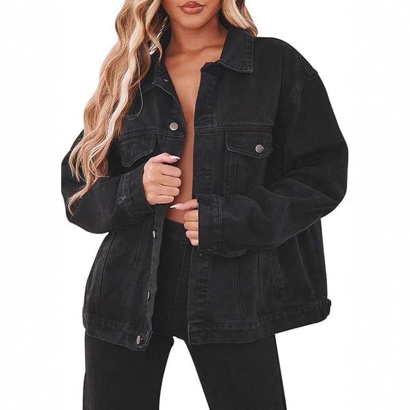Fashion Denim Jacket Top for Women – Black Loose Fit (S–2XL)
