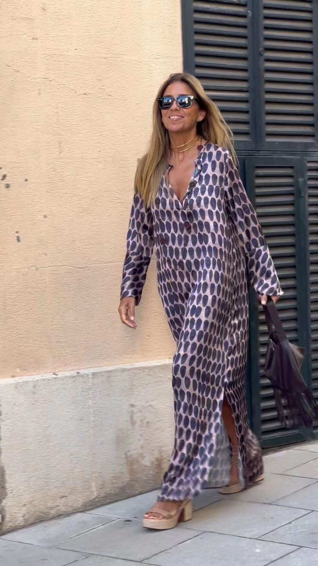 Women’s Summer Long Dress – Geometric Print V-Neck with Slit