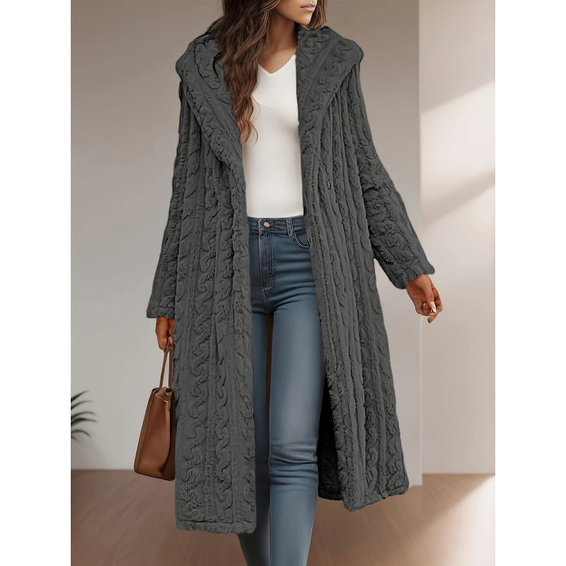 Long Hooded Wool Women's Coat – Solid Color Slim Fit Winter Jacket
